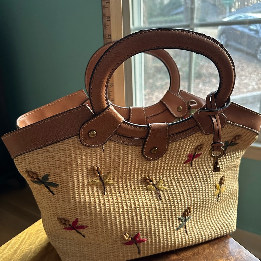 Coastal Boho Vintage Fossil Brown Leather & Floral-Embroidered Straw SatchelBag - Picture 14 of 15